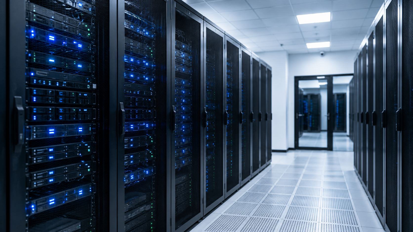 Row of server racks with blue status lights in a data centre aisle