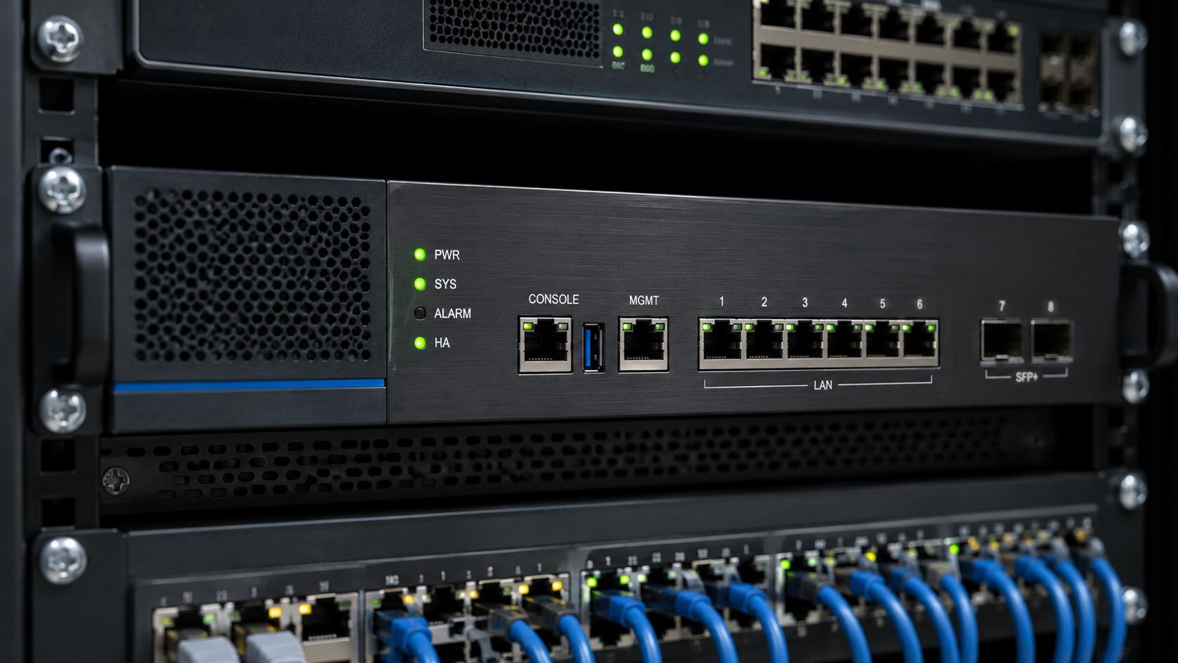 Rack-mounted firewall appliance with console, management and LAN ports lit green