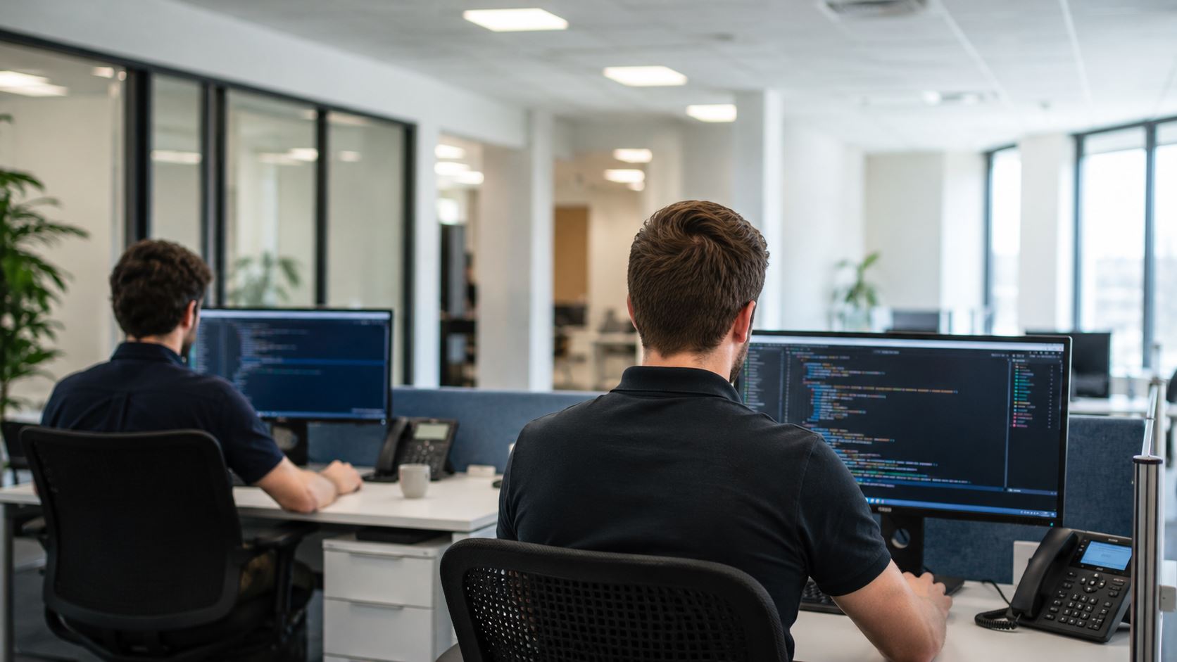 Two technicians working at dual-monitor workstations in an open-plan office