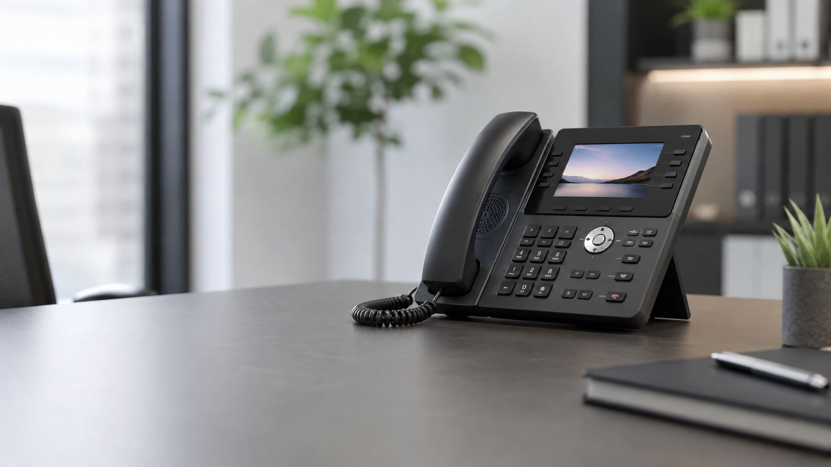Black desk phone with a colour display and corded handset on an office desk